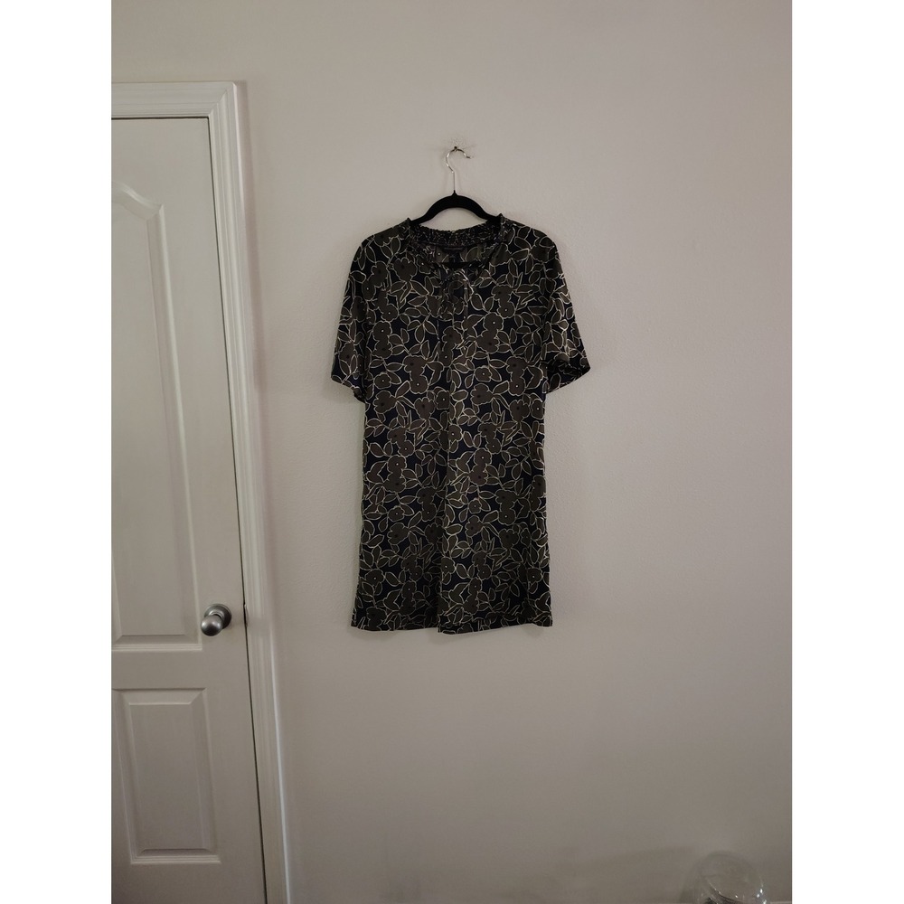 Banana‎ Republic Floral Smocked Neck Tie Front Shift Dress Olive Navy Size 12